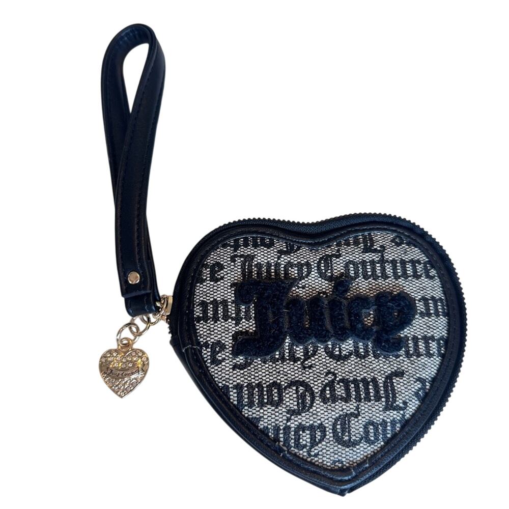 Juicy Couture Black Grey Faux Leather Signature Print Heart Shaped Wristlet Bag